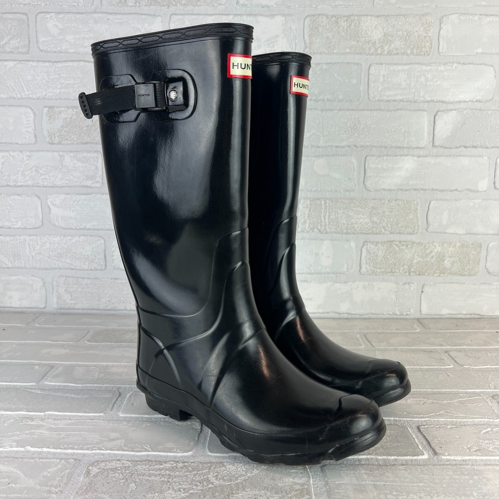 HUNTER Huntress Gloss Tall Rainboots Womens 8 Black Rubber Boots Wellington 39